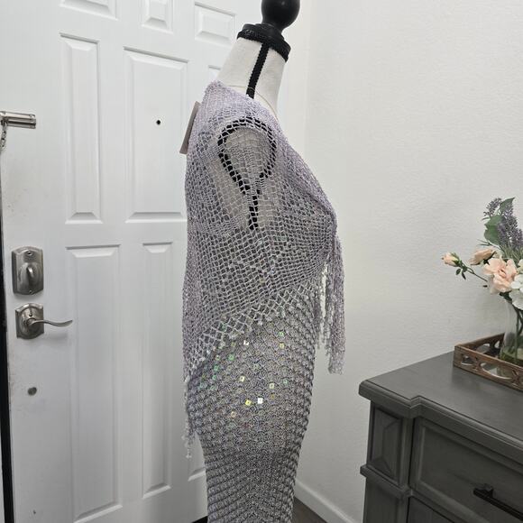 Women's Hand Crochet Sequin Sparkly Gown Shawl Silver S Formal Elegant DiscoLuxe - Picture 8 of 16